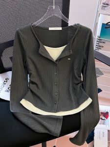 Unique Short Sleeveless T-Shirt Womens Early Autumn 2024 New Design Slim Fit Long Sleeve Top Korean Style Knitted Pure Color