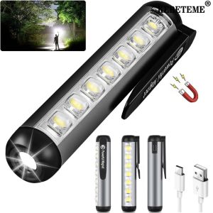 KEBETEME Mini LED Flashlight XPE + COB Lamp Beads Ultra Bright Torch with Clip Magnet Work Light Waterproof USB Rechargeable Flashlight