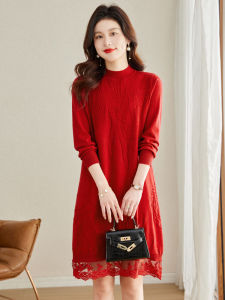ชุดเดรสถักสีแดงฤดูใบไม้ร่วง/ฤดูหนาว กระโปรงทรงตรงยาวปานกลาง ผ้าลูกไม้เย็บต่อ เสื้อชั้นใน เสื้อสเวตเตอร์ เดรสแฟชั่นสำหรับผู้หญิง