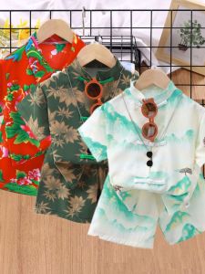 Boys Traditional Chinese New Year Short Sleeve Outfit Cotton Polyester Blend Summer Retro National Style Tang Suit Childrens Clothing
