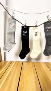 Tất bé gái cao cổ 1-8 tuổi thêu nơ vải len dày dặn ấm áp kiểu dáng điệu đà thời trang