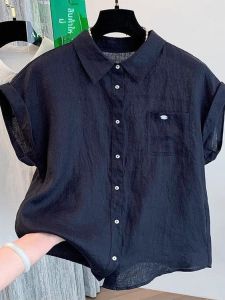 เสื้อเชิ้ตคอโปโลแขนสั้นผ้าฝ้ายลินินบางสำหรับผู้หญิงในช่วงฤดูร้อนปี 2025 เสื้อเชิ้ตทรงหลวมสบาย ๆ สไตล์ทำงานแบบลำลอง