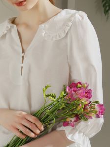 Miccbeirn | Miccbeirn Sweet Style Silk Cotton Blend Womens Top Pure Color Doll Collar Gentle Lady Anti-Aging Quality Summer Fashion