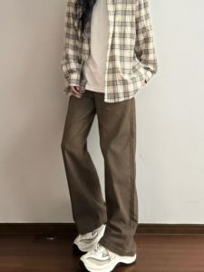 Maillard Retro Brown Pants for Women Spring & Fall Leisure Cargo Pants Small High Waist Straight-leg Drooping Wide-Leg Pants