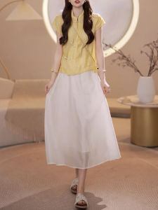 Shalldoer | Elegant Summer Chinese Style Shirt And Skirt Set Womens High Waist Midi Skirt With Button Placket Stand Collar Two Piece Set