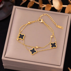 BESFOME 18k Gold Stainless Steel Four-leaf Clover Double Layer Chains Bracelets Lucky Charms Bracelet For Women Jewelry