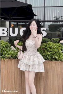 Đầm váy 2 dây thời trang nữ 2 tầng xinh chât vải lụa in hoa phối ren có lót quần 2 mài y hình