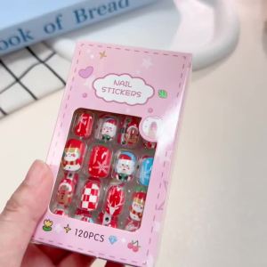 120pcs Christmas Children Fake Nails+File Stripe&Jelly Sticker Santa ClausSnowmanSnowflakes Round Press On Nails Xmas Kid Gift