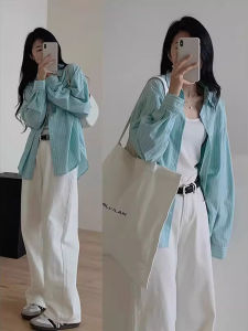 chaqi | Mint Striped Long Sleeve Shirt Spring Summer New Loose Versatile Top Design Open Cardigan Sunscreen Outerwear Commute Style