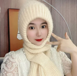 Thickened Double Layer Knitted Squirrel Fur Hat Scarf One Piece Winter Cap for Women Sweet Cute Style Fall Season No Brand
