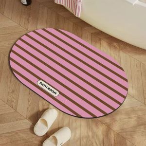 VIKAMA Minimalist Striped Oval Bathroom Floor Mat Absorbent Quick Drying Anti Slip Carpet Home Decoration
