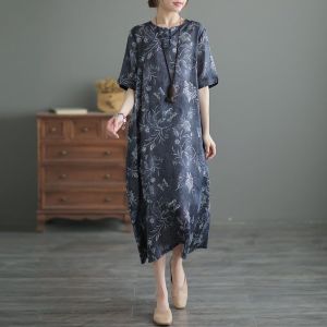 Summer 2024 Artistic Retro Ethnic Style Loose Cotton Lin Long Qipao Dress Printed A-Line Midi Skirt for plus Size Women