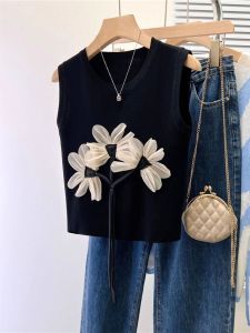 Retro Floral Knitted Vest Womens Summer Thin Design Short Sleeveless Top Fashionable Embroidered Cotton Blend Loose Fit