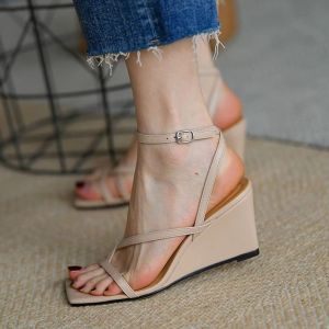 IELGY French wedge sandals womens elegant summer new comfortable apricot high heel leather