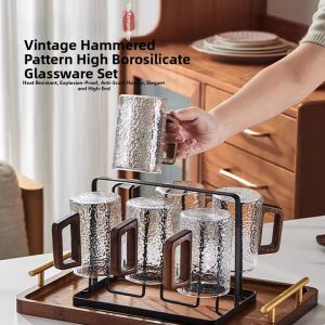 Retro Heat-Resistant Glass Tea Cups Wooden Handle Hammered Design 6 Pieces