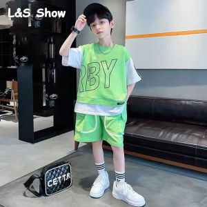 LS Show Boys T-shirt Summer Letter Print Solid Color Sports Set Summer Short Sleeved Two-piece Set for Older Children Korean Version Handsome