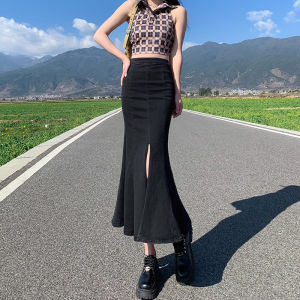 Black Denim Mini Midi Skirt Womens Spring Autumn Fish Tail Skirt Design Sensation Niche Bodycon Long Skirt A-Line Style