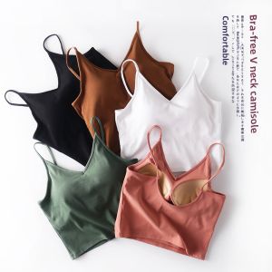 Womens Pure Cotton Deep U Backless Crop Top Strap Vest Summer Fashion Inner Wear Base Layer Short Style with Chest Pad