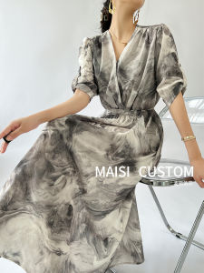 Elegant V-neck Acetate Dress Womens Summer New Waist-cinching Slim Long Vintage Printed High-waist A-line Skirt Dress