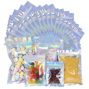 20Pcs Iridescent Plastic Bags Zip Lock With Window Stand Up Resealable Grip Ziplock Pouches Tea Coffee Bean Candy Packaging Food