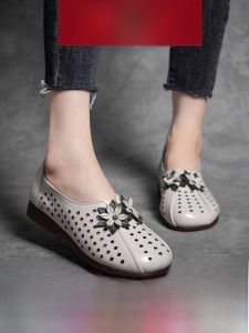 SHIPAILUO | Womens Summer Genuine Leather Breathable Hollow Out Shoes Ethnic Style Flat Heel Soft Bottom Sandals Floral Embroidery
