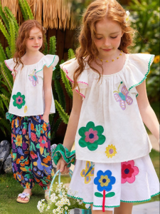 PPTOWN | Lightweight Childrens Girl Short Sleeve Shirt With Flutter Sleeves and Embroidery