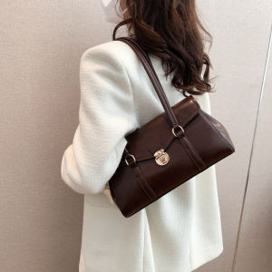 French Luxurious Shoulder Bag Womens Versatile Underarm Bag Retro Style Casual Pure Color Soft PU Leather Square Shape