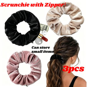 3Pcs Fashion Hidden Safe Pocket Hair Scrunchies Retro Zipper Elastic Hair Bands Portable Storage Hair Ties for Keys Cash Jewelry