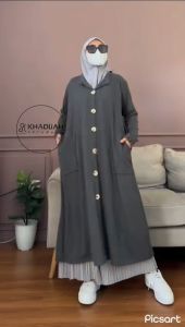 Tunik Outer Midi Dress Bahan Birkin Knit Dengan Kancing Besar Hazima By Khadijah Kerudung
