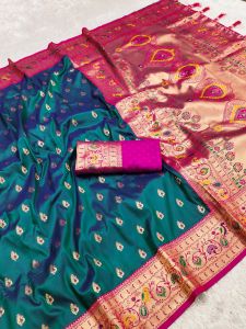 SG Ready Stock Soft Paithani Silk Saree with Zari Weaving Meenakari Motifs Rich Pallu.