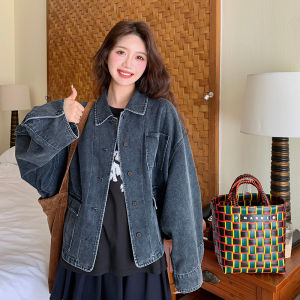Grey Denim Jacket Womens Miniature Early Autumn New Design Retro Oversize Coat Button Pocket Cotton Long Sleeve Polo Collar
