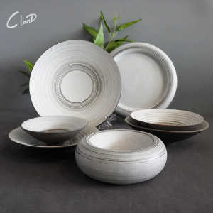 Retro Style Ceramic Bowl Plate Set Restaurant Special Dish Display Dining Tableware Black Line Grey Rough Glaze European Style