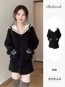 Korean Style Navy Collar Color Block Black Sweatshirt Set Two Piece College Style Outfit Early Autumn Small Size Fashion