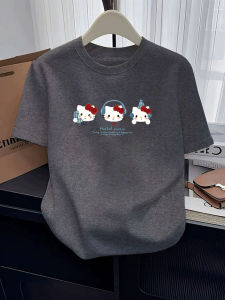 Gray Pure Cotton Short Sleeve T-Shirt Womens New 2025 Summer High Street Style Unique Design Casual Comfortable Top