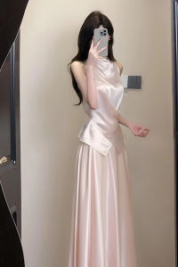 QFN | Bộ Đầm Satin Acetate Màu Hồng Elegance Phong Cách Pháp Cho Mùa Hè