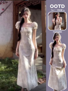 French Elegant Summer New High Waist Bubble Sleeve Long Dress Womens Fashion Cotton Linen Material Beach Vacation Dress