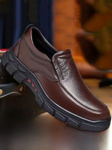 SHIPAILUO | Leather Slip-On Shoes Mens Large Size Casual Fleece Lined Booties Comfortable Round Toe Flat Heel Rubber Outsole Fall Winter