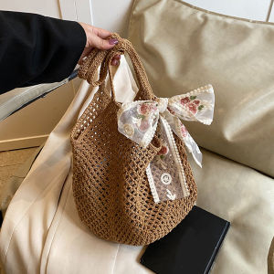 Summer Lace Bow Tote Bags Women Raffia Knitting Woven Shoulder Bag 2025 Rattan Large Casual Crochet Shopping Bag Ladies Handbag