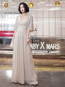 Elegant Evening Gown Womens Host Birthday Wedding Performance High Waist Princess Skirt Style Long Dress with Sequins Detail