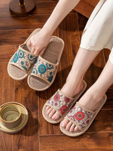 New 2025 Womens Linen Slippers Anti-Slip Home Indoor Four Seasons Universal Couple Style High Sensation Silent Soft Bottom