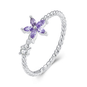 BAMOER 925 Sterling Silver Purple Dainty Flower Ring for Women Fashion Jewelry BSR326