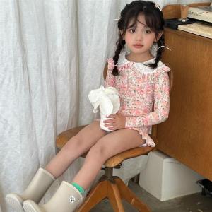 Princess Long Sleeve Lace Swimming Suit Floral Print Girls Swimwear Korean Style Sweet Female Childrens New Model Spring Summer