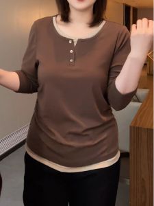 plus Size Womens Autumn Pure Cotton Long Sleeve T-Shirt Shoulder Length Appropriate Base Layer Top Slimming Hide Belly