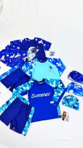 Rashguard Set for Kids Boys 3-11 Years Old New Cute Printed Design 3in1 Long Sleeve Tops + Short & Cap Swimwear Set for Kids