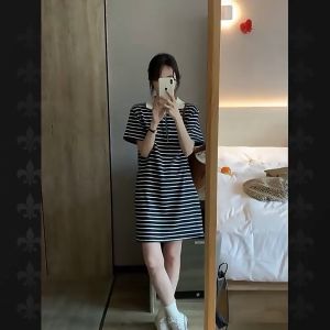 Striped Dress Womens 2023 Summer New Polo Neck Korean Version Loose Casual Straight Short Skirt