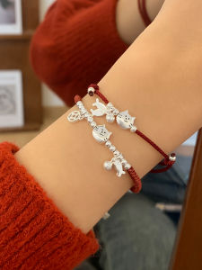 925 Sterling Silver Lucky Cat Fish Rope Bracelet Womens Fashion Jewelry Stackable New Year Hand Accessory Red String Design