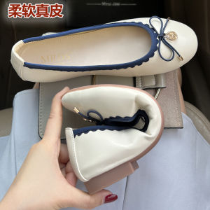 Summer Soft Leather round Toe Flat Shoes Grandmother Style Womens Fashion Single Shoes Deep Mouth Plain Color Flat Heel Shoes