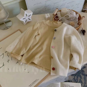 Pure Color Knitted Girls Jacket Spring/Autumn 2024 New Style Cotton Material Long Sleeves Crewneck Open Front Design