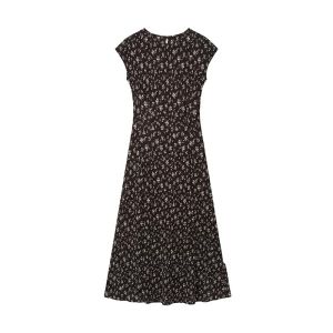 Floral Vintage Lazy Style Round Neck Cap Sleeve Slim Waist A-Line Dress