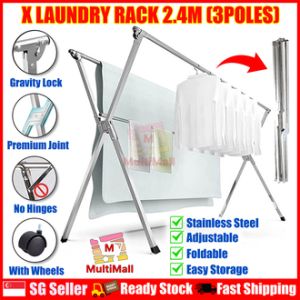 X MODEL - 2.4M ( WITH WHEEL) Stainless Steel Extendable Drying Rack| Foldable Laundry Rack| Drying Rack| Laundry| Laundry Organiser| Drying Rack clothes| Drying clothe Folding| Cloth Laundry Drying Rack Retractable| Space Saving storage